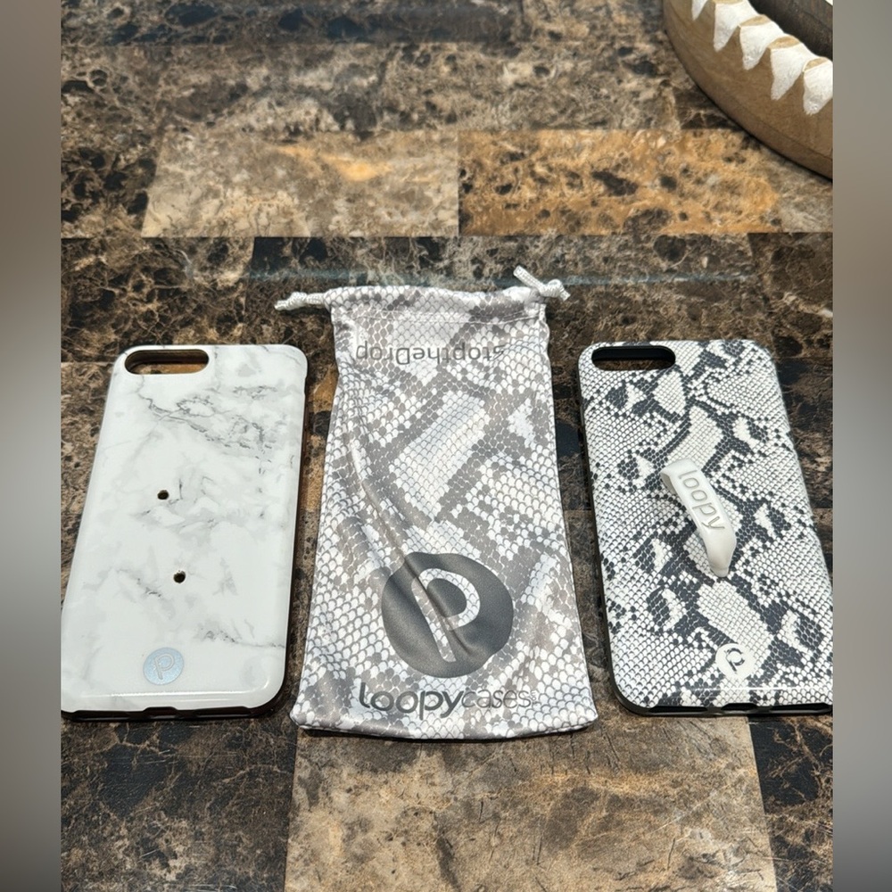 Apple iPhone 8 Plus gray marble & snakeskin loopy phone cases with 1 dust bag.